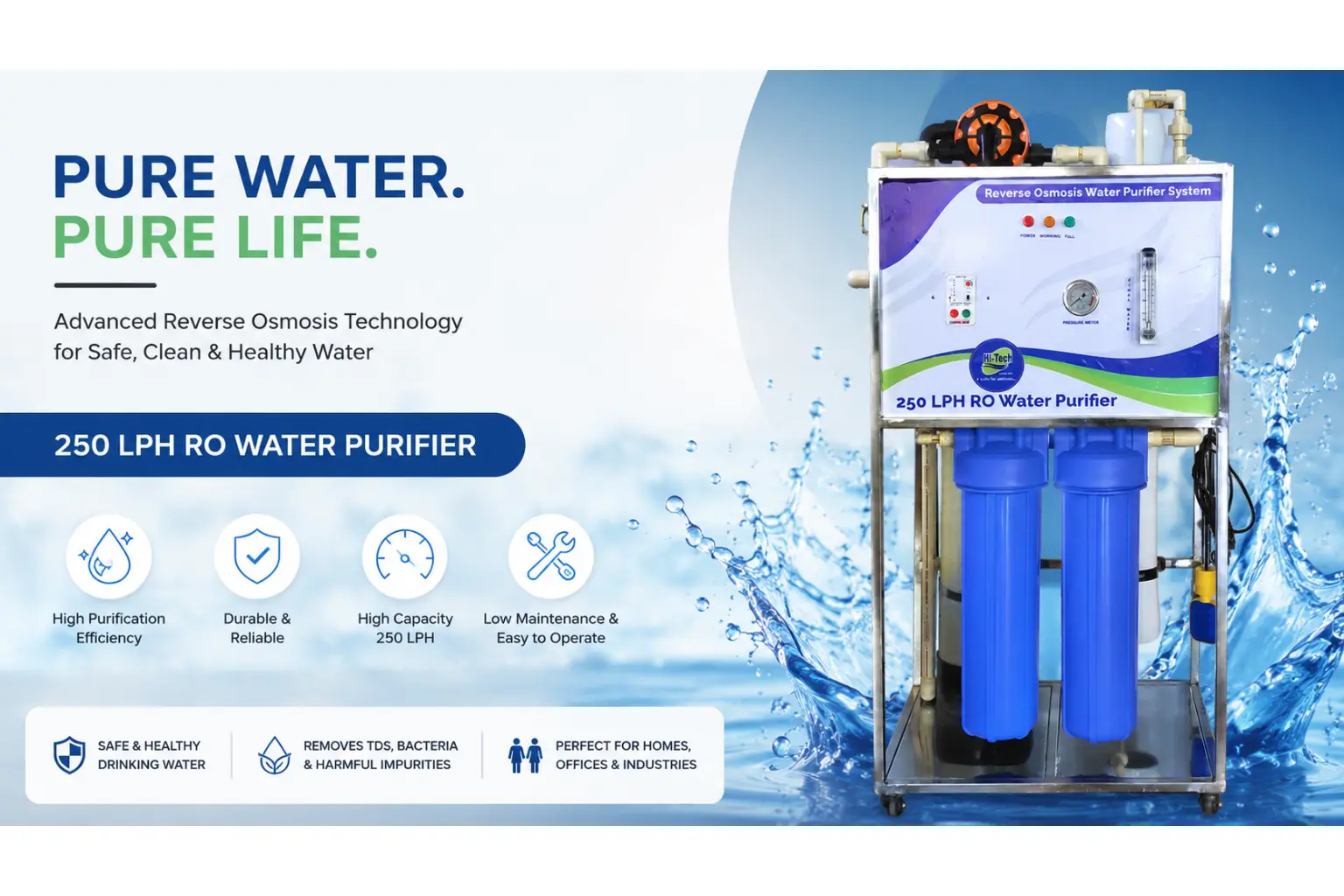 250 LPH RO Plant by Bhola RO Service – Trusted commercial RO plant solutions in Ghaziabad & Noida. Call 9643755050.