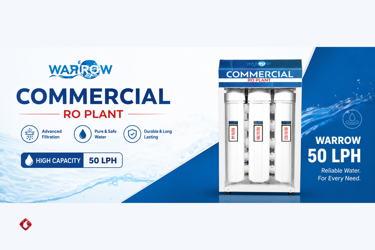 50 LPH RO Plant Commercial Water Purifier System for Office, School, Restaurant, Hospital and Industrial Use with Multi-Stage Filtration, Stainless Steel Frame and High Recovery Membrane